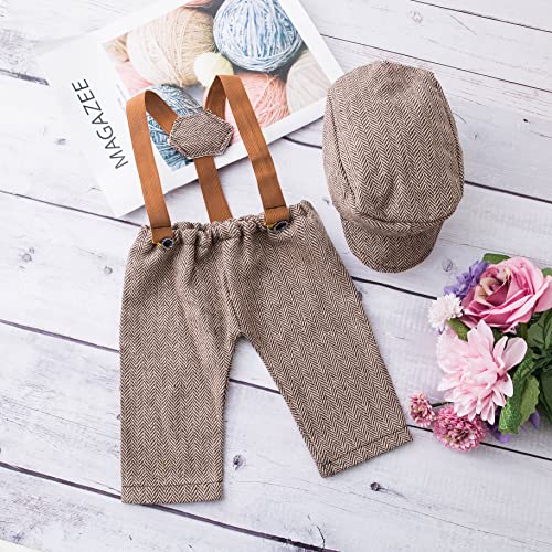 Newborn Monthly Baby Photo Props Stripe Checked Flat Cap Newsboy Suspender Pants Romper for Photography Outfits - color: Coffee