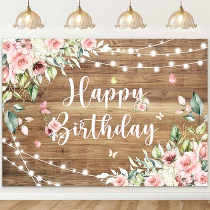 Sensfun Rustic Wood Floral Birthday Backdrop Banner Pink Flower Wooden Happy Bday Photography Background Butterfly Women Girls Birthday Party Decorations Supplies Photo Studio Props 8x6ft - size: 8x6Ft