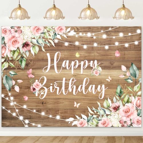 Sensfun Rustic Wood Floral Birthday Backdrop Spring Pink Flower Wooden Happy Bday Photography Background Butterfly Women Girls Birthday Banner Party Decorations Supplies Photo Studio Props 10x7ft - size: 10x7Ft