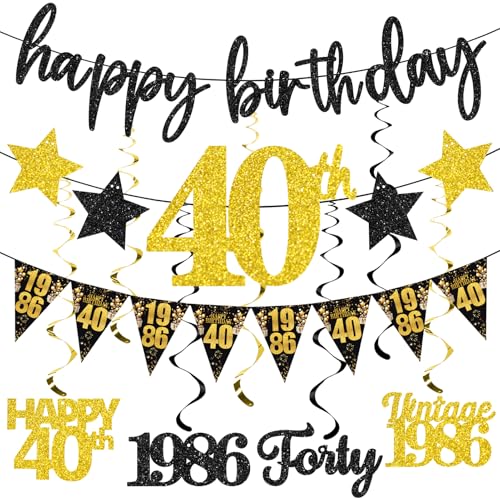12PCS Black Gold 40th Birthday Decorations for Men Women, Pre-Strung Vintage 1986 Happy 40th Bday Banner Triangle Flag Banner Glitter Hanging Swirls Party Supplies, Cheers to 40 Years Old Bday Decor - style: Black Gold 40th