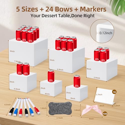 6 Pcs Buffet Risers, Acrylic Risers Display Stands for Buffet Table with Bow/Mini Sign/Marker/Mini Eraser, Hollow Bottom Nesting Cube Food Display Stand for Party Catering Dessert(8",7",6",5",4",4")