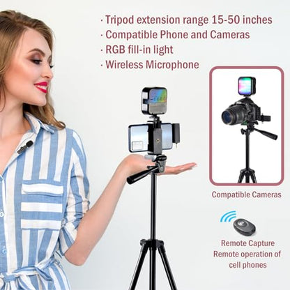 Vlogging Kit for iPhone,YouTube Starter Kit Beginner Content Creator Essentials Kit for Android with Tripod/Wireless Microphone/RGB Fill-in Light/Remote