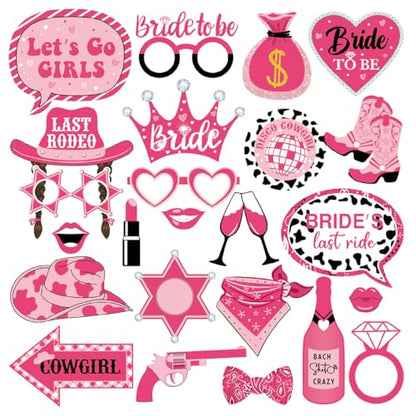 25Pcs Cowgirl Bachelorette Photo Props - Lets Go Girls Bachelorette Decorations for Last Rodeo Cowgirl Bachelorette Party Supplies