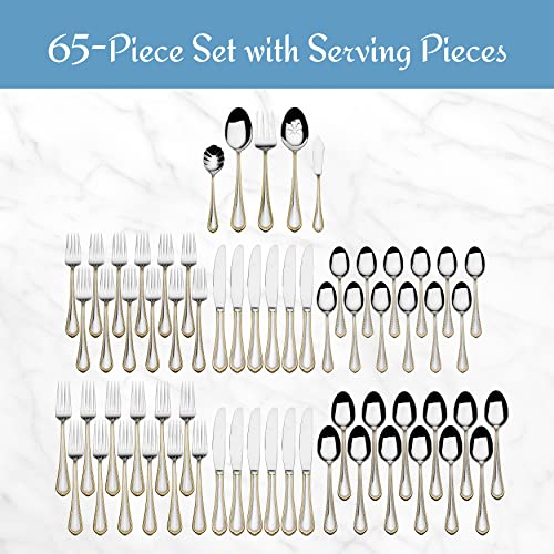 Mikasa, Gold Accent Regent Bead Flatware Service for 12, 65 Piece Set, 18/10 Stainless Steel, Silverware Set with Serving Utensils - size: 65 Piece Set, style: Regent Bead Gold