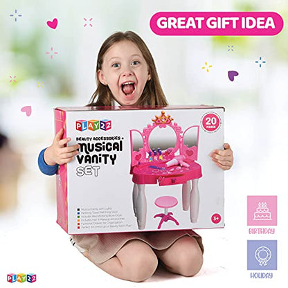 Play22 Pretend Play Girls Vanity Set with Mirror and Stool 21 PCS - Kids Makeup Vanity Table Set with Lights and Sounds - Includes Fashion Hair & Makeup Accessories