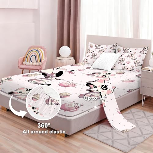Pink Cat Fitted Sheet Set Queen Size Girls Cute Sheet for Bedroom Kids Soft Microfiber 4-Piece Cartoon Sheet Set 1 Fitted Sheet+1 Flat Sheet+2 Pillowcases Cartoon Bedding Set - color: Pink-cat, size: Queen