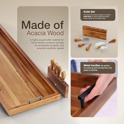 TIDITA Acacia 36 Inch Large Charcuterie Boards for Party with Cheese Knife Set of 4 – Acacia Wood Serving Tray with Handles, Long Charcuterie Board, Wooden Cheese Board - color: Acacia, size: 36" x 12" x 1.5"