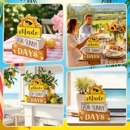Lineshading 4 Pcs Summer Table Decoration Wooden Sun Beach Tiered Tray Decor Summer Centerpiece Rustic Wood Made for Sunny Day Block Sign Gifts Beach Decorations for Home Kitchen Office Coffee Bar - style: Sun