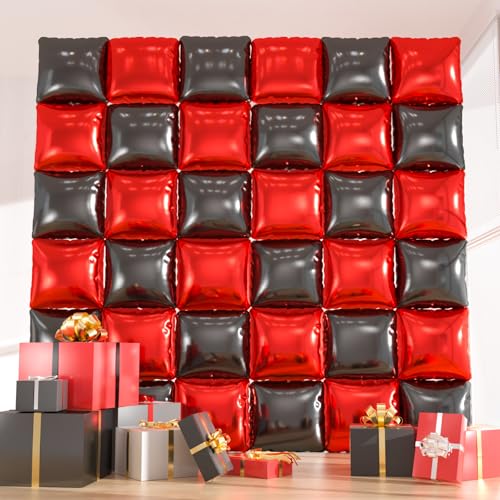 36pcs Red & Black Square Foil Balloons - Double-Sided Mylar Balloon Backdrop Kit for Birthdays, Graduation 2026, New Year, Photo Booth Decor (9.5ft x 9.5ft Checkered Wall/Tunnel) - color: Black Red