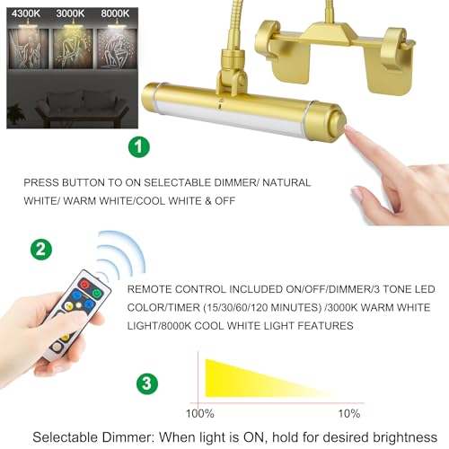 LUXSWAY Wireless Picture Frame Led Lighting,Rechargeable Art Display Lighting Clip on Pictures,Over Painting Lights with Remote,Artwork Lamp with Flexible Neck,28 LEDs 3 Lighting Modes 200LM-Gold - color: G Gold, size: Rechargeable-3 Mode-Flexible Neck