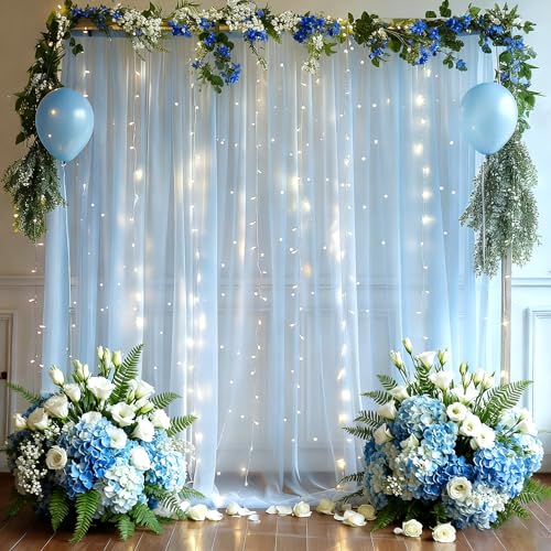 10x8ft Baby Blue Tulle Backdrop Curtain with Lights String for Parites, Sheer Photo Backdrop Curtains for Wedding Baby Shower Baby Boy Shower Birthday Party Photo Shoot Background Decorations - color: Baby Blue, size: 10ft x 8ft(2 Panels 5*8ft)