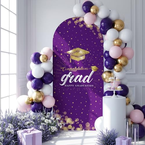 Tingjoo Purple Gold 2026 Graduation Decoration Class of 2026 6.6 ft Arch Backdrop Cover Spandex Photo Background Decor Double-Sided Round Top Backdrop Congrats Grad Decor for Graduation - color: Purple Gold