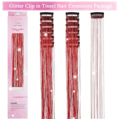 Hair Tinsel Clip in 12 Pcs Glitter Tinsel Hair Extensions Red 20 Inch Fairy Hair Clip in Hair Tinsel Heat Resistant Sparkly Hair Accessories for Girls Women Kids (Red) - color: Red