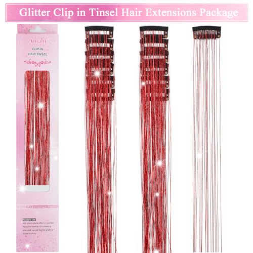 Hair Tinsel Clip in 12 Pcs Glitter Tinsel Hair Extensions Red 20 Inch Fairy Hair Clip in Hair Tinsel Heat Resistant Sparkly Hair Accessories for Girls Women Kids (Red) - color: Red