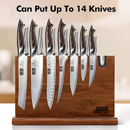 HOSHANHO Magnetic Knife Block 14 x 10 Inches, Double Sided Magnetic Knife Holder Rack for Kitchen Counter, Acacia Wood Magnetic Knife Storage Stand with Knife Sharpener - size: 14*10*4.5 inch
