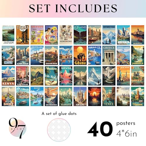 97 Decor Vintage Travel Decor For Home - 40 Pcs Vintage Travel Posters For Classroom, Around The World Wall Art Prints, Retro Geography Destination Collage For Bedroom Dorm Decorations (4x6) - color: Travel Poster 2