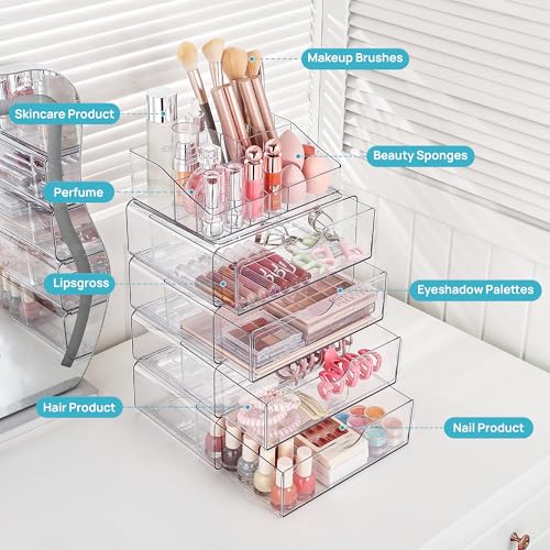 Vtopmart 3 Tier Clear Makeup Organizer with Drawer, Cosmetic Storage for Dresser Countertop and Bathroom Vanity, Beauty Holder for Lipstick Brush Skincare - style: 3 Tier