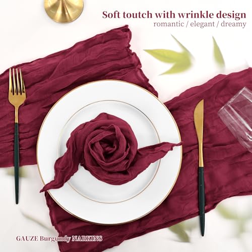 42 Pcs Burgundy Gauze Cheesecloth Napkins, 20 x 20 Inch Wrinkled Rustic Boho Dinner Napkins for Wedding,Dinner,Parties - color: Burgundy, size: 20" x 20" (Set of 42)