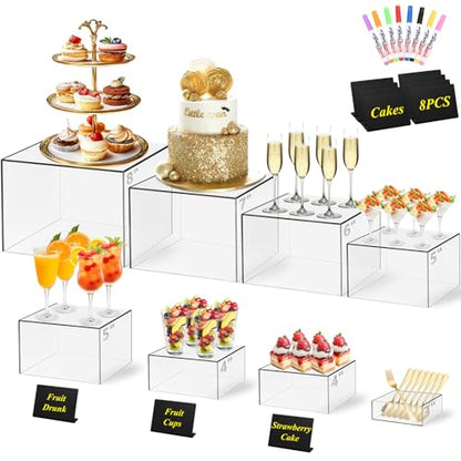 8 Pcs Clear Acrylic Buffet Risers with Mini Sign and Maker,Buffet Risers and Stands Clear Food Display Risers for Buffet Table Party Catering Dessert Cupcake Collectibles (8" 7" 6" 5" 5" 4" 4" 3") - color: Size: 8" 7" 6" 5" 5" 4" 4" 3"