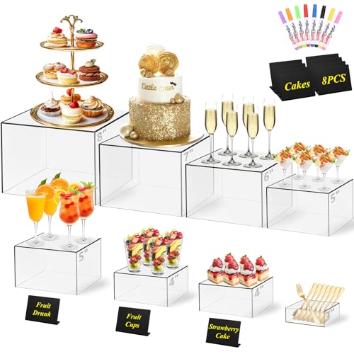 8 Pcs Clear Acrylic Buffet Risers with Mini Sign and Maker,Buffet Risers and Stands Clear Food Display Risers for Buffet Table Party Catering Dessert Cupcake Collectibles (8" 7" 6" 5" 5" 4" 4" 3") - color: Size: 8" 7" 6" 5" 5" 4" 4" 3"