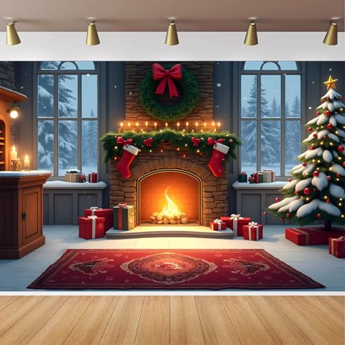 Christmas Fireplace Backdrop 7x5FT Winter Fireplace Xmas Tree Stockings Photography Background for Xmas Tree Gift Boxs Sock Decorations Christmas Party Banner Supplies - color: Red/Green