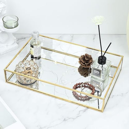 HighFree Rectangle Gold Mirror Tray, Decorative Glass Mirrored Vanity Tray for Perfume, Cosmetics, Makeup, Trinket, Jewelry (11.8x7.9x2) - size: 11.8" x 7.9" x 2"