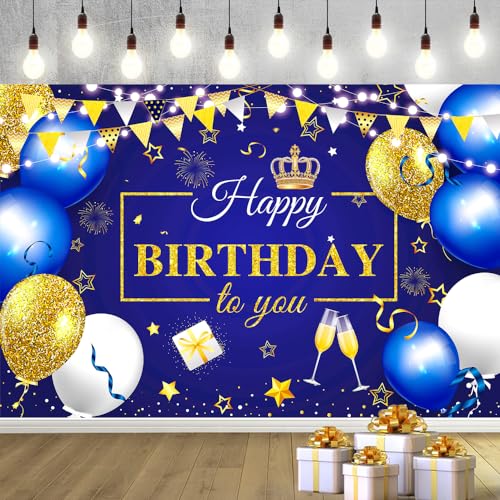 180x120 cm Royal Navy Gold Happy Birthday Party Photography Backgrounds Backdrops Cloth 71x47 inch Glitter Navy Blue Golden Happy Birthday Sign Banners Decorations Supplies for Women Men - color: Blue Gold