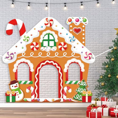 WovWeave Large Christmas Party Decorations Christmas Gingerbread House Photo Booth Props Selfie Frame Fabric Backdrop Xmas Tree Snowman Candy Background for Xmas Winter Holiday Decor 71 x 65 Inch - style: Gingerbread House