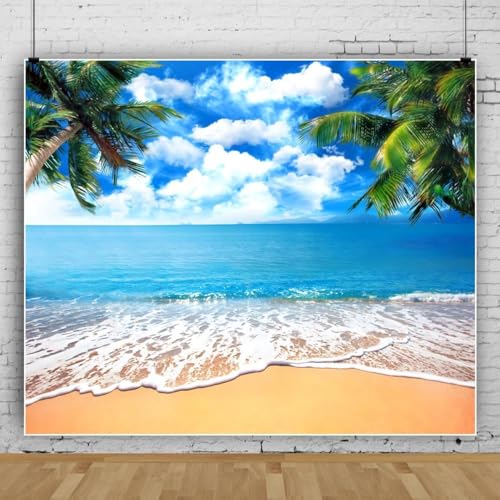 Summer Tropical Beach Backdrop Blue Sea Sky White Clouds Palm Trees Backdrop Theme Portrait Photography Background Holiday Photo Video Studio Props Banner 12x10ft - color: Blue, size: 12x10ft