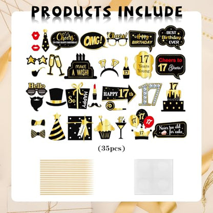 INNORU 17th Birthday Photo Booth Props, Boys Girls 17th Birthday Photoshoot Funny Birthday Party Photography Props Favor 17 Years Old Centerpiece Sticks Decorations Black & Gold 35 PCS - size: 17