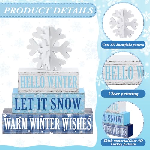 Geelin 4 Pieces Hello Winter Wooden Table Decorations Let It Snow Wooden Signs Rustic Snowflake Tiered Tray Decor Winter Wishes Tabletop Centerpieces for Home Desk Room Kitchen Shelf - style: Snowflake