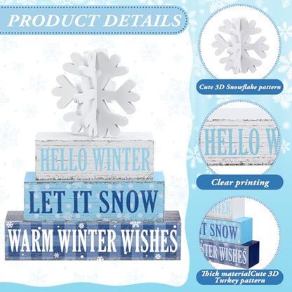 Geelin 4 Pieces Hello Winter Wooden Table Decorations Let It Snow Wooden Signs Rustic Snowflake Tiered Tray Decor Winter Wishes Tabletop Centerpieces for Home Desk Room Kitchen Shelf - style: Snowflake