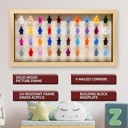 Figurine Display Case 10x20.125 Natural Shadow Box for Miniature Figures 10x20.125 Natural Wood Shadow Box with White Base to Display Up to 56 Block Figures - color: Natural With White Backing, size: 10x20.125