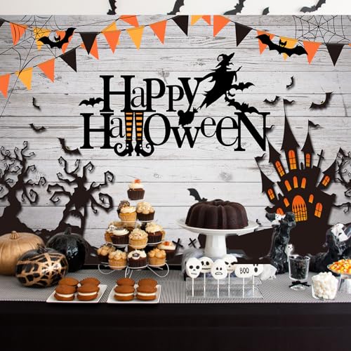 Mocsicka Happy Halloween Backdrop Spider Web Witch and Flying Bats Photography Background Wooden Floor Halloween Party Cake Table Decoration Banner Photo Booth Props (8x6ft) - size: 8x6ft
