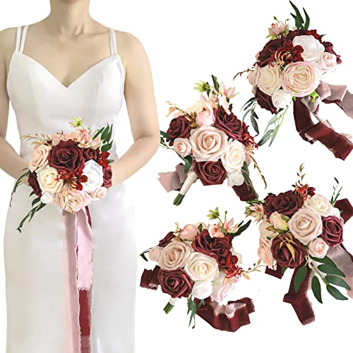 Lookein Set of 4 Bridesmaid Bouquet for Wedding 7 Inch Artificial Flowers Bouquet Wedding Bouquet Bridal Bouquet Tossing Bouquet for Wedding Ceremony Anniversary Celebration, Delicate Marsala - color: 7" Romantic Marsala