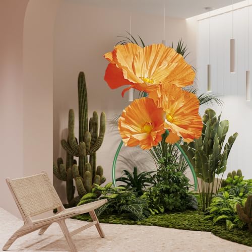 Artificial Giant Huge Flowers 3D Large Faux Floral Large Flowers Decor Adjustable Height for Wedding Birthday Party Shop Window Display Arrangement Event Decorations 3 Pack (Orange) - color: Orange Poppy