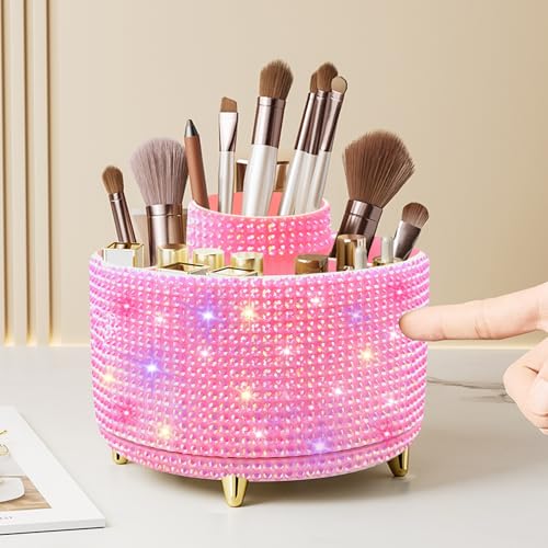 Diesisa Bling Diamond 360° Makeup Brush Holder Organizer, Rotating Makeup Brush Organizer,5 Slot Make up Brushes Cup for Cosmetics, Vanity Desktop Organizer, Gift for Women Teen Girls- Diamond Pink - color: Diamond Pink