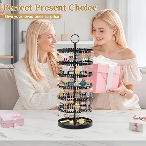MODOWEY 6 Tier Rotating Earring Holder Organizer Display Tree with Metal Tray, Adjustable Plastic Stand with 342 Slots for Stud Hoop Hanger, Large Capacity Storage Rack for Women Space Saving, Black - color: Black