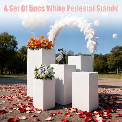 5PCS Iron Square Pedestal Stands, White Dessert Table Cube Display Pillars, Wedding Party Art Decor Display Column for Patios, Corridors and Entrances (17.72-34.65in Square) - size: 17.72-34.65in Square
