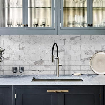 Vamos Tile 100-Piece Glossy Statury White Peel and Stick Backsplash Tile,3''x6'' PVC Subway Tile with Dark Gray Grout, Stick on Backsplash for Kitchen/Bathroom/Fireplace - color: Statury White with Dark Gray Grout