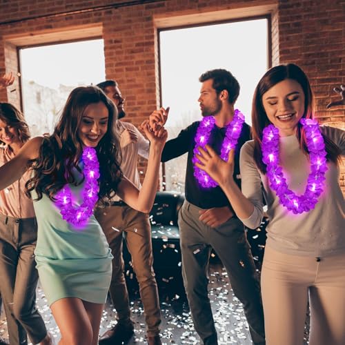 Sherr 24 Pcs LED Purple Leis Light up Wedding Hawaiian Leis Flower Necklace with LED Lights Beach Tropical Carnival Party Wedding Supplies Luau for Masquerade - color: Dark Purple