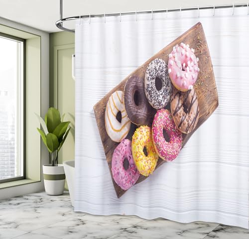 Ambesonne Donut Shower Curtain, Colorful Doughnuts on Wooden Plate Close-up Photography Food Print, Cloth Fabric Bathroom Decor Set with Hooks, 69" W x 70" L, Soft Pink Mustard and Taupe - color: Soft Pink Mustard and Taupe, size: 69" W x 70" L