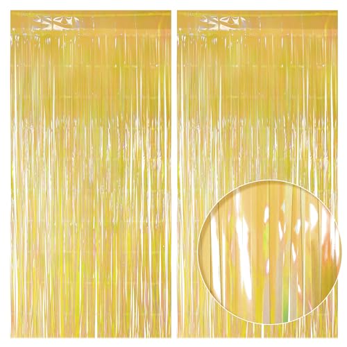 2 Pack Yellow Iridescent Streamers Backdrop, 3.3x6.6ft Foil Fringe Curtains Gold Holographic Door Tinsel Streamers for Birthday, Wedding, Holiday, Bachelorette, Theme Party Decorations - color: Yellow, size: 2 Pack