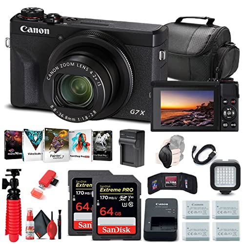 Canon PowerShot G7 X Mark III Digital Camera (Black) (3637C001) + 2 x 64GB Memory Card + 3 x NB13L Battery + Corel Photo Software + Charger + Card Reader + LED Light + More (Renewed)