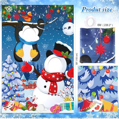 HOWAF Winter Snowman Photography Backdrop Banner, Snowman Penguin Face in Hole Props, Funny Christmas Photo Prop Background Banner for Xmas Holiday Party Decorations