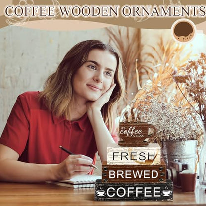 Geelin 4 Pcs Coffee Bar Decor Wood Blocks Mini Coffee Bar Wooden Signs Book Stacks Accessories Rustic Table Sign Farmhouse Tiered Tray Decor for Home Table - style: Coffee