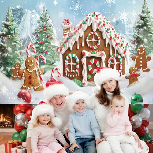Renaiss 7x5ft Christmas Gingerbread House Backdrop Winter Candy House Snowflakes Xmas Tree Gift Xmas Scene Photography Background for Holiday Family Adults Kids Decor Photo Booth Props - color: christmas, size: 7x5ft
