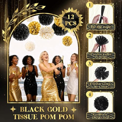 NICROLANDEE Black and Gold Party Supplies for 2026 Graduation - 12PCS Tissue Pom Poms 12" Decorative for Graduation, Wedding, Milestones Birthday for Men Women, Retirement Party, New Years Eve Party - style: Black Gold