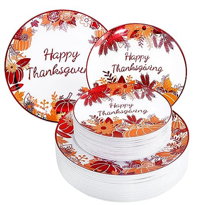 Rubtlamp 60PCS Thanksgiving Plastic Plates, White Orange Pumpkin Plates, Red Disposable Plates with Maple Leaves, Fall Disposable Plates Include 30 Dinner Plates, 30 Salad Plates For Thanksgiving - color: White Orange