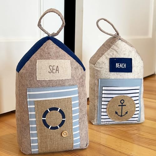 Coastal Cabana Soft Door Stops, Jute, Cotton, Loop Tops, Weighted, 11.75 Inches, House Shaped with Anchor and Lifesaver Fabric Embellishments - color: Coastal Cabana Soft Door Stops, Blue and Beige